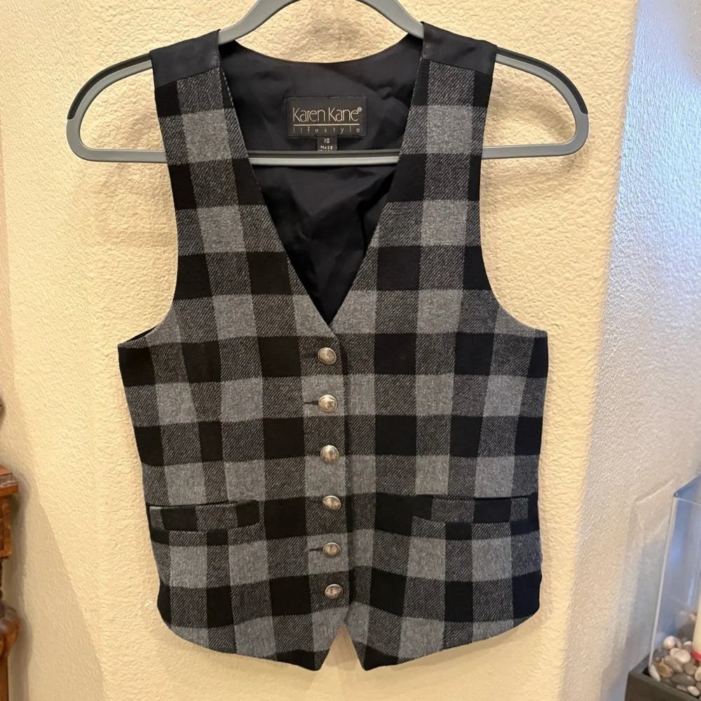 Vintage KAREN KANE Black Gray Wool Blend Silver Button Design Checkered Vest-XS